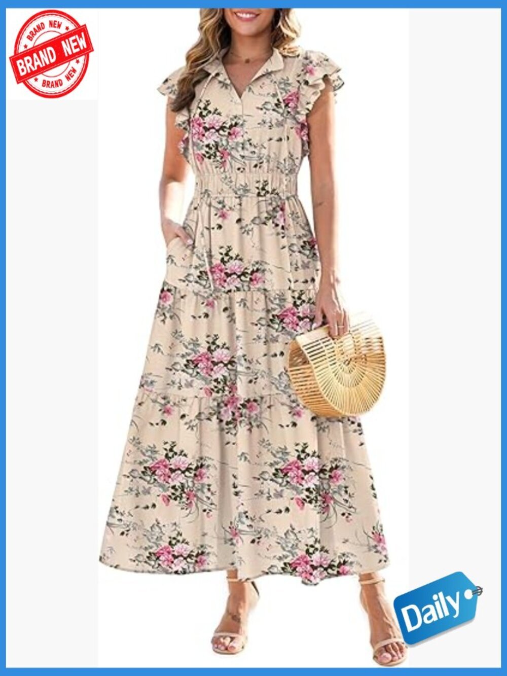 Women's Boho Floral Maxi Dress with Pockets & Ruffle Sleeves